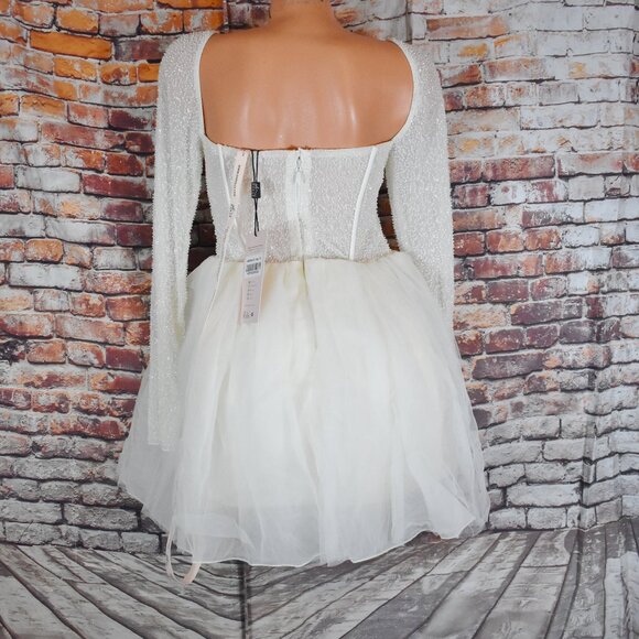 Oh Polly Embellished Long Sleeve Tulle Skirt Mini Dress Size 8 White Regular Cup - Picture 6 of 12